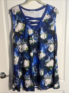 Disney Stag & Roses Enchanted Dress Shop Blue Criss Cross Neck Dress XL L31.5”